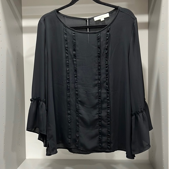 LOFT Tops - {LOFT}Sz L Black Long Bell Sleeve Blouse w/Decorative Ruffle Down Front
